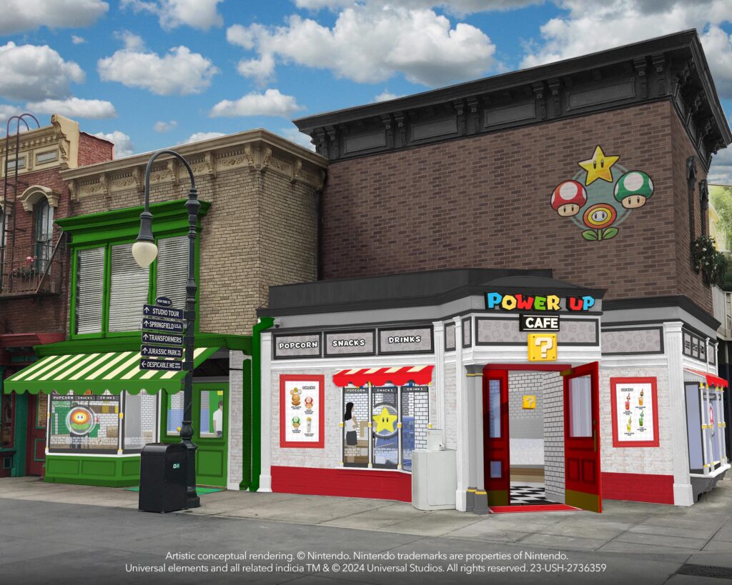 On February 15, 2024, the all-new Power Up Cafe opens on New York Street, located on the Upper Lot inside the theme park. This exciting original concept venue invites guests to power up outside of SUPER NINTENDO WORLD.